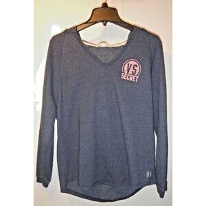 Victorias Secret Womens M Navy V-Neck Sweatshirt VS Logo Angel Wings Pullover